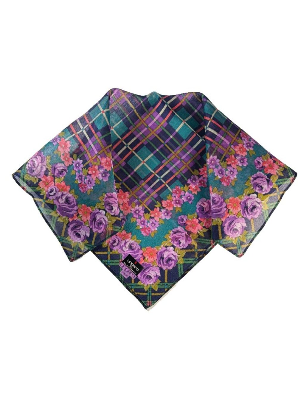 NWT Vintage Ungaro Paris Cotton Floral Plaid Scarf 16.5"